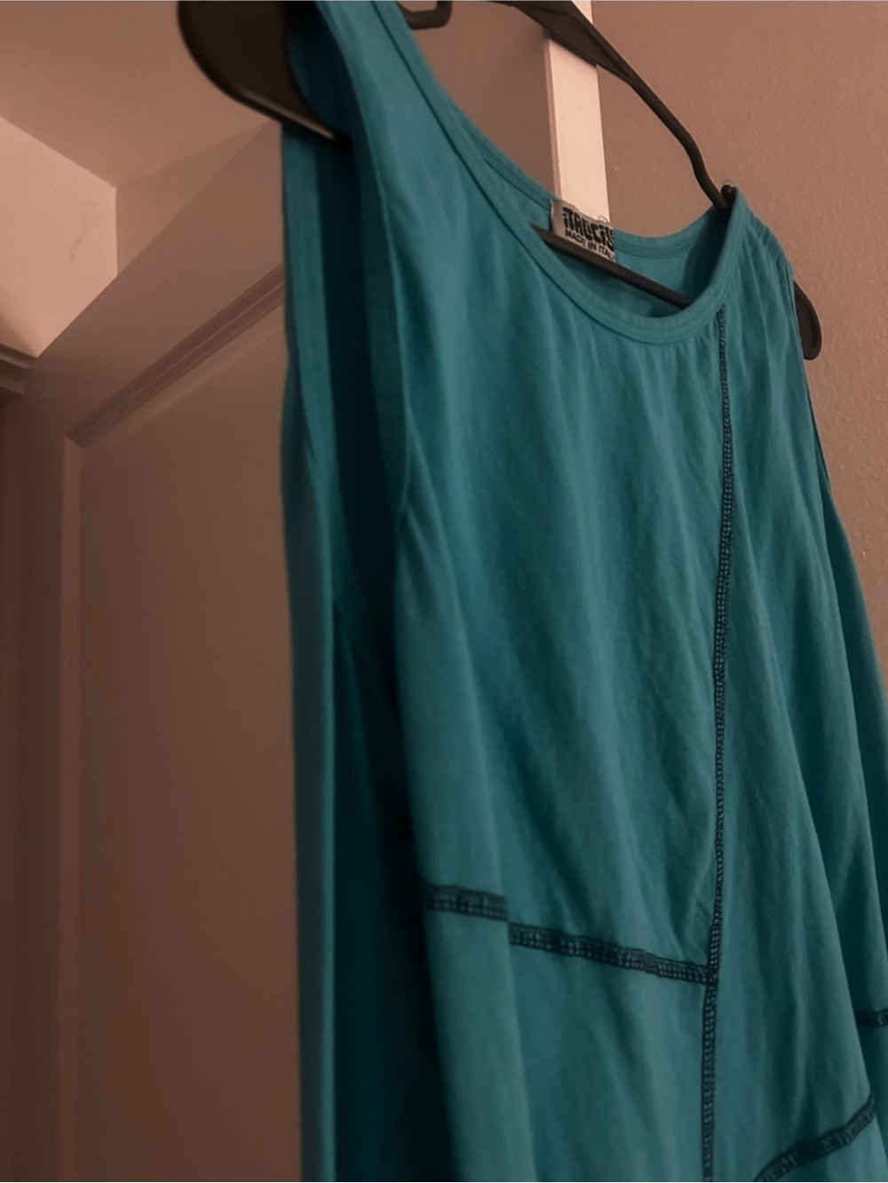 Made In Italy Cotton Sleeveless Teal Asymmetric Tank Top - Picture 3 of 7